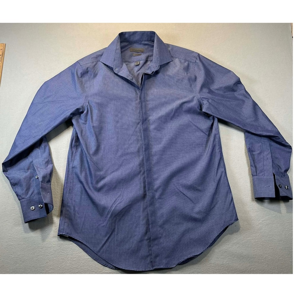 Calvin Klein Mens Slim Fit Non Iron Shirt Blue Checker 15.5 32/33 80s Two Ply